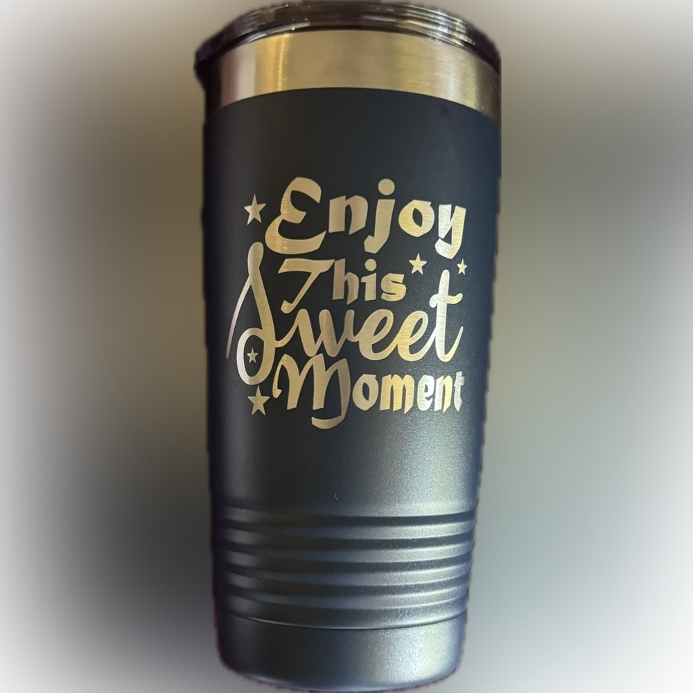 Navy Blue Stainless Tumbler With Laser Engraved Script - Enjoy This Sweet Moment